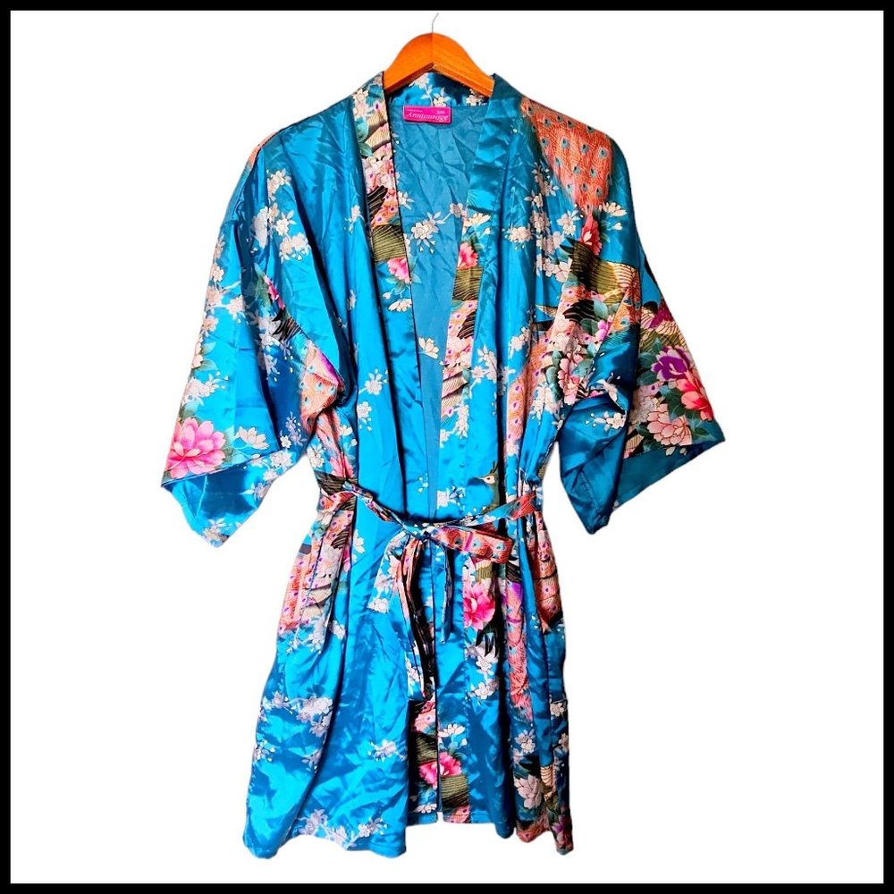 Anntourage Satin Turquoise Kimono Style Robe‎ S M Floral Birds